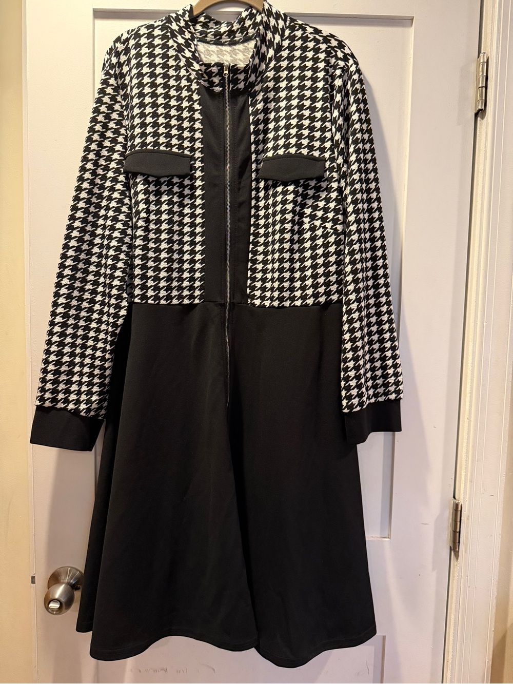 SHEIN Black and White Houndstooth Long Sleeve A-Line Dress